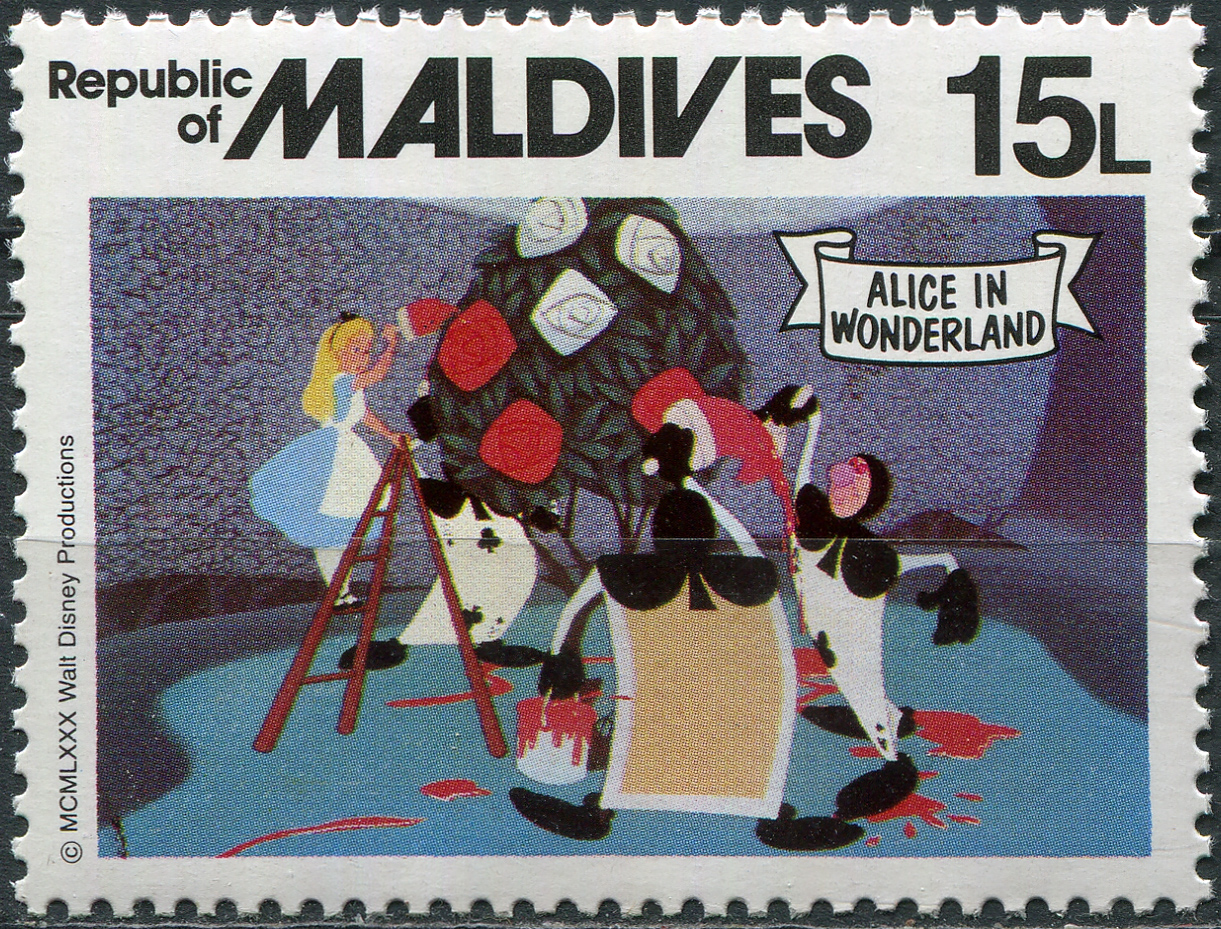 Maldives. 1980. Alice and the gardener paint roses on the bush (MNH **) Stamp