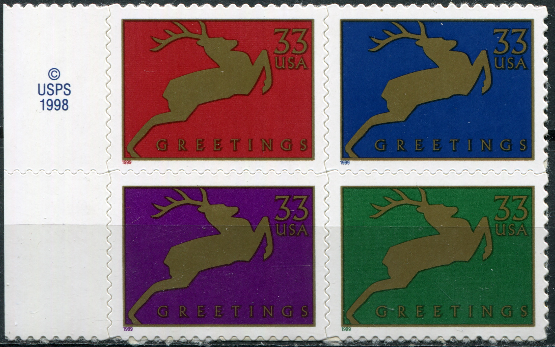 USA. 1999. Christmas 1999. Jumping Reindeer (MNH **) Block of 4 stamps