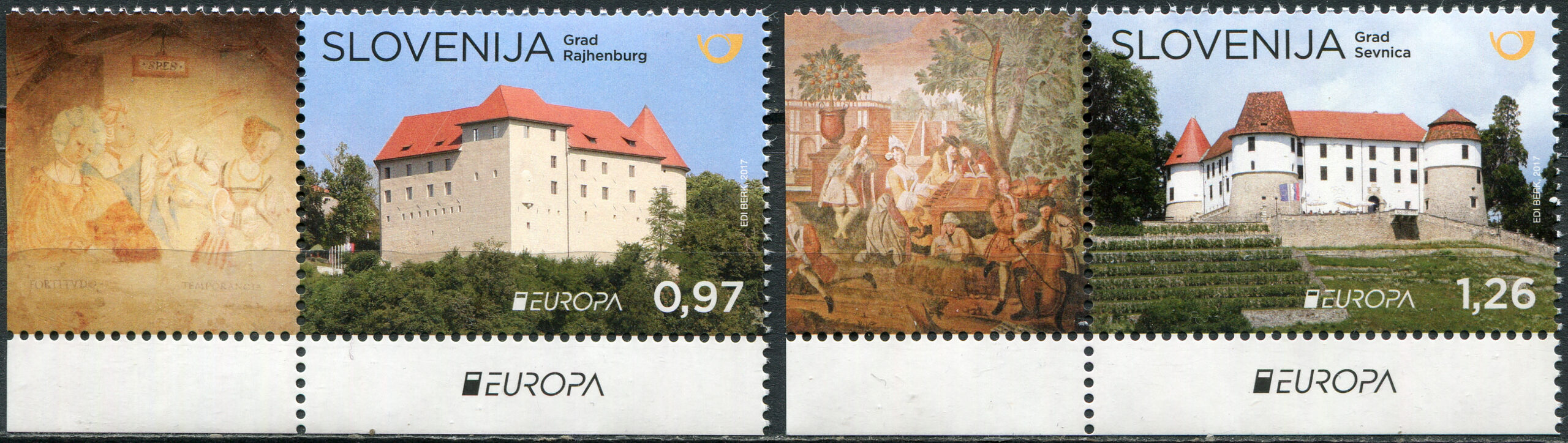 Slovenia. 2017. EUROPA Stamps - Palaces and Castles (MNH **) Set of 2 stamps and 2 labels