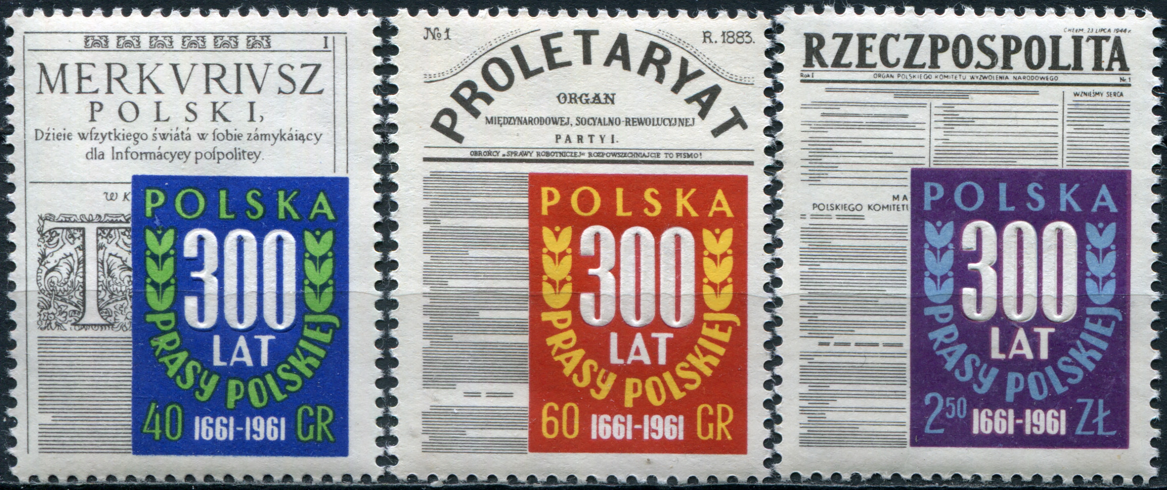 Poland. 1961. 300th anniversary of Polish newspaper Merkuriusz (MNH **) Set of 3 stamps