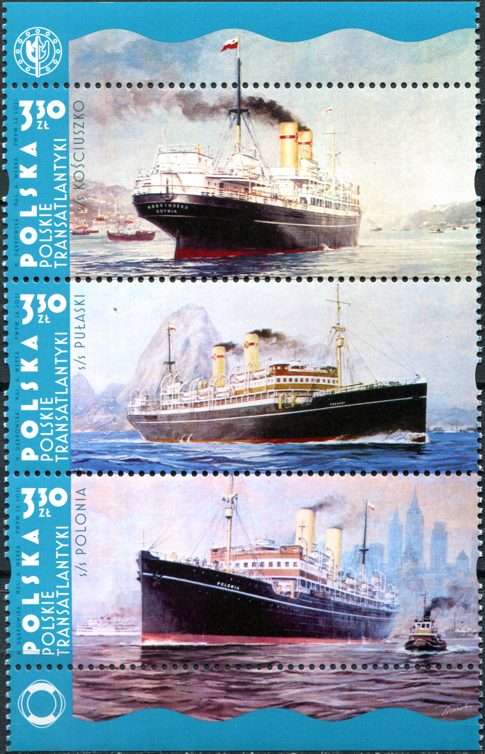 Poland. 2021. Transatlantic Ships of Poland (MNH **) Block of 3 stamps