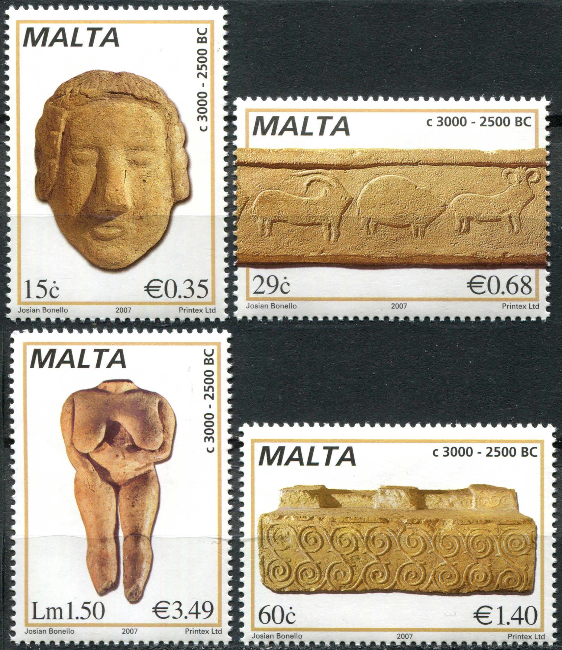 Malta. 2007. Prehistoric Sculptures c. 3000-2500 BC (MNH **) Set of 4 stamps