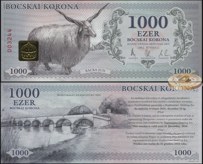 Hurgary [Hajdúnánási Holding Zrt.]. Banknote 1000 bocskai korona. 01.06.2012. Unc. Paper. Кат# P.NL