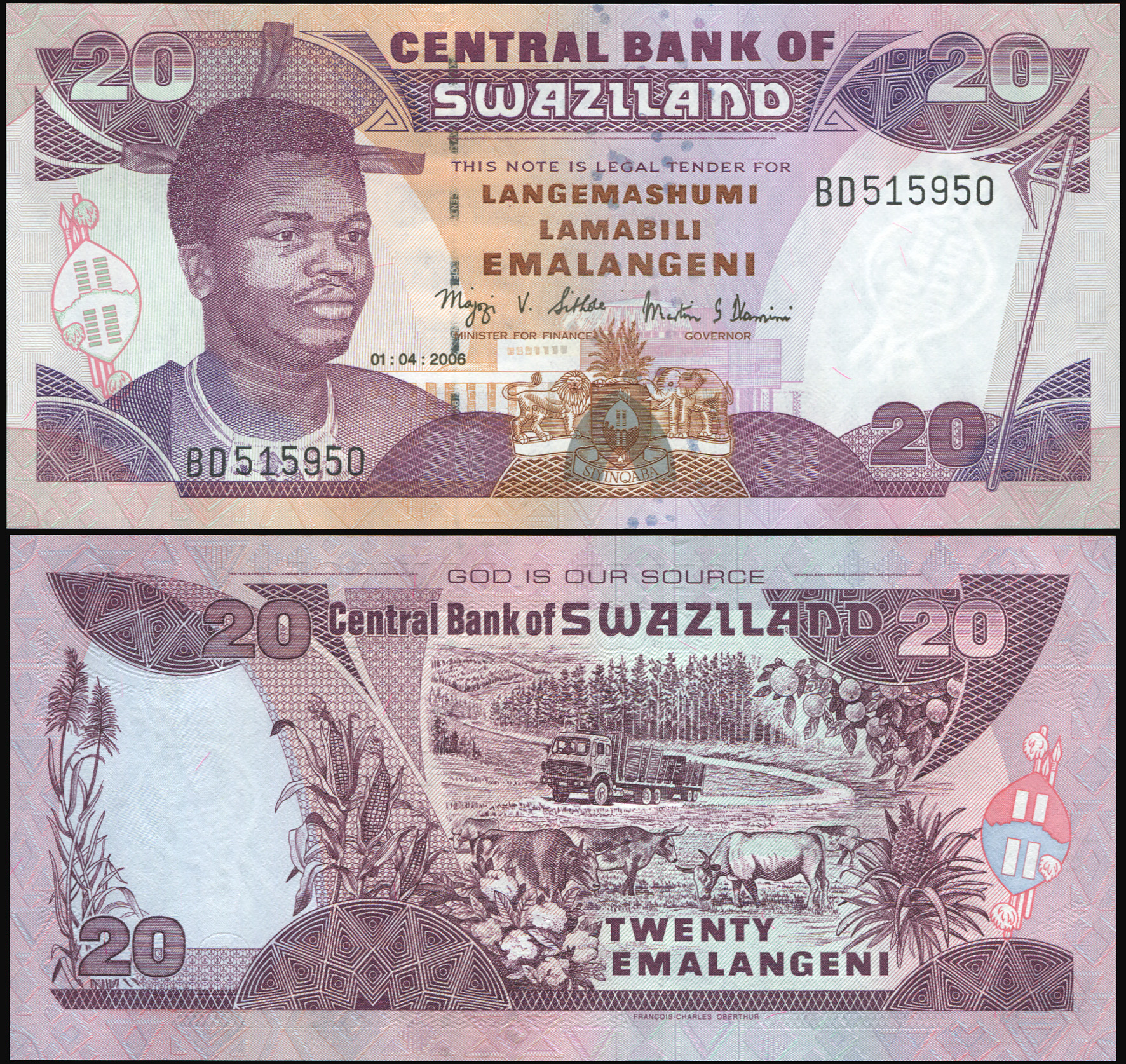 Swaziland. Banknote 20 emalangeni. 01.04.2006. Unc. Paper. Кат# P.30с