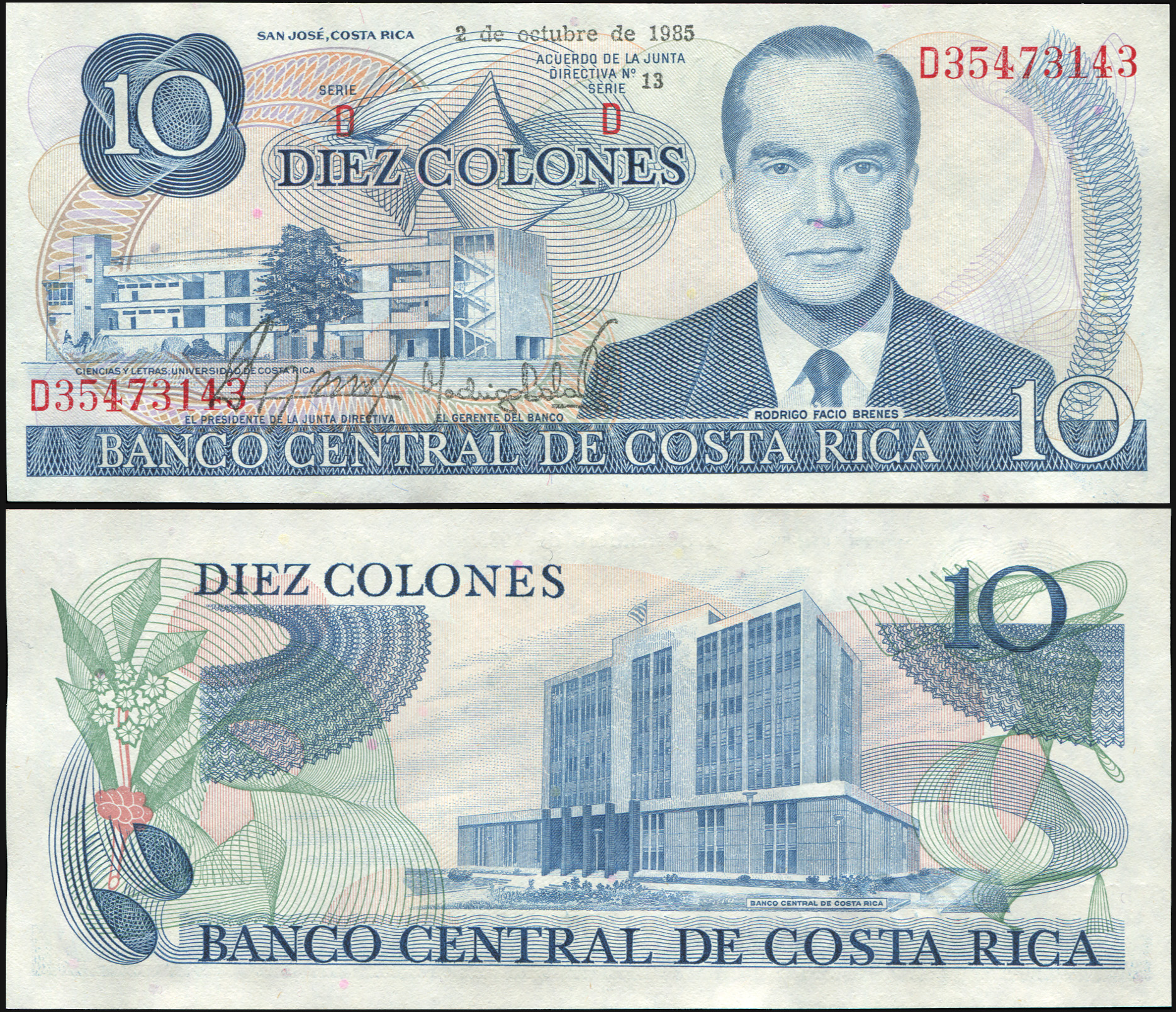 Costa Rica. Banknote 10 colones. 1985. Unc. Paper. Кат# P.237v