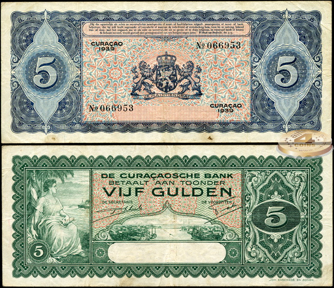 Curaçao. Banknote 5 gulden. 1939. VF. Paper. Кат# P.22